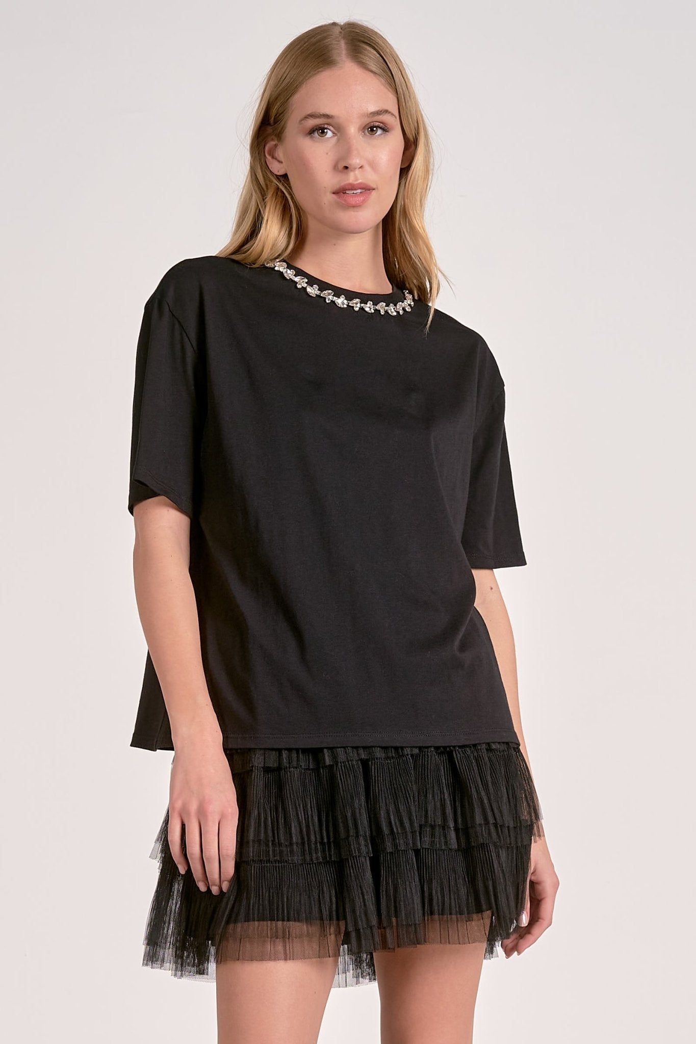 Elan SS Neck Embellishments Top - Mainstream Boutique
