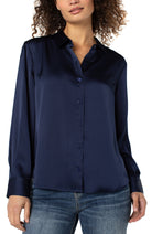 Long Sleeve Button Up Woven Shirt-navy