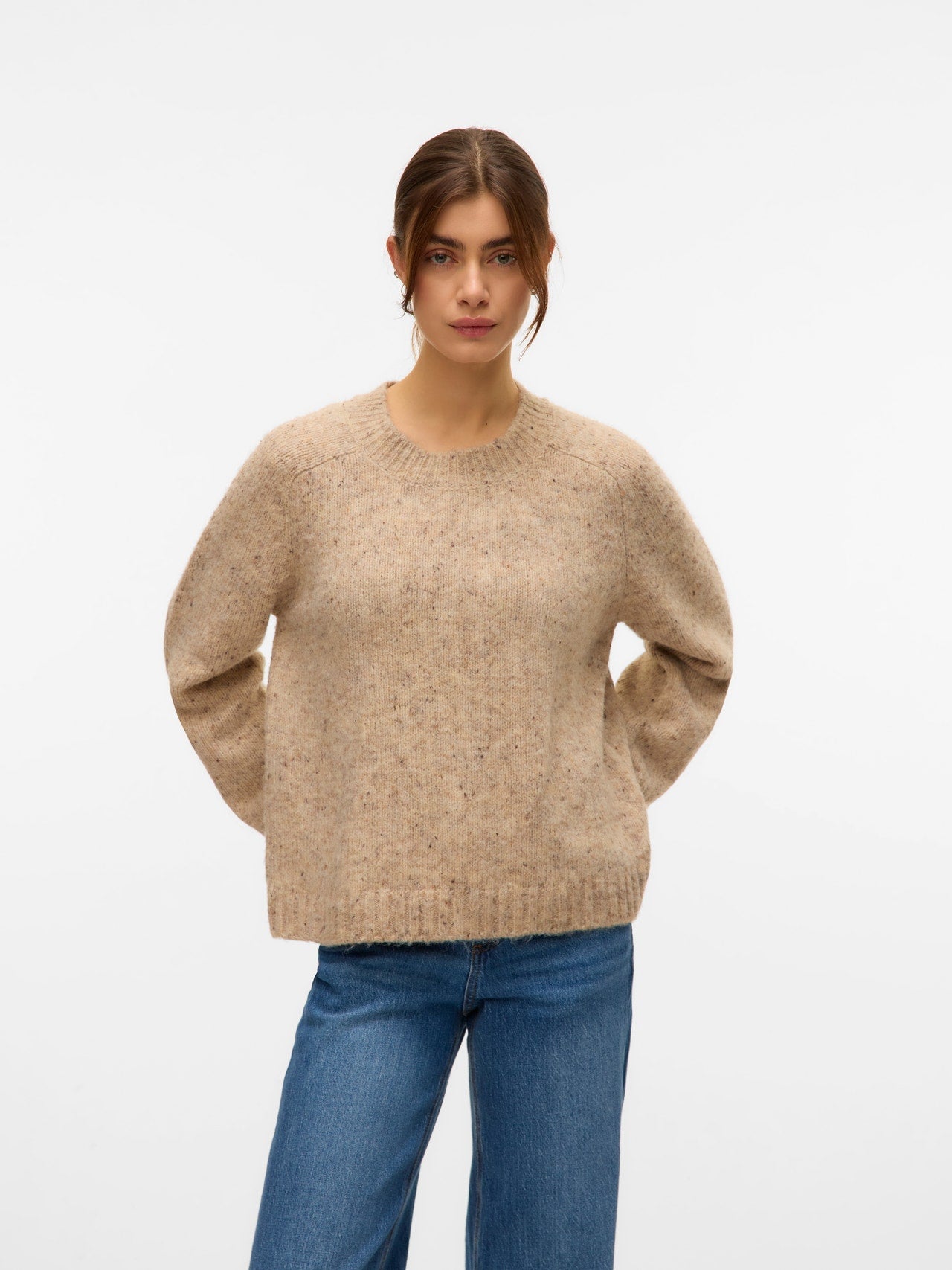 Crew neck beige long sleeve sweater