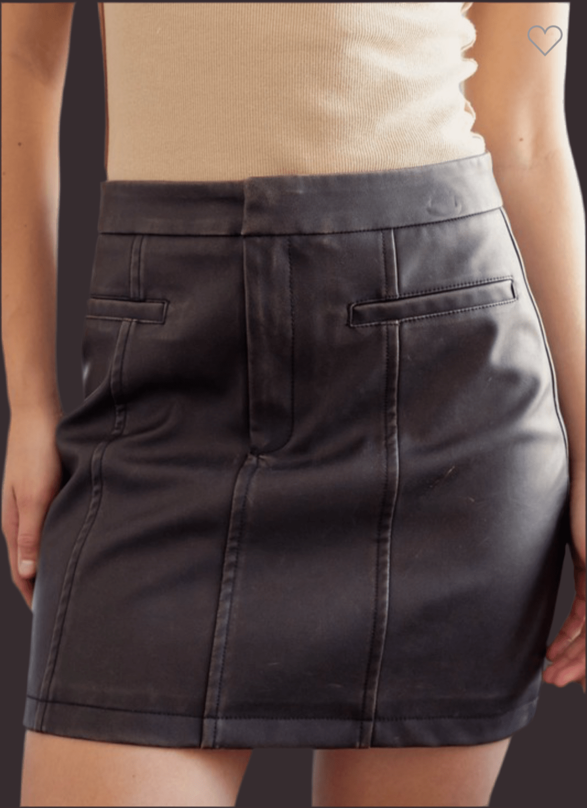 Front view of Washed Vegan Leather Skirt with panel detail and pockets