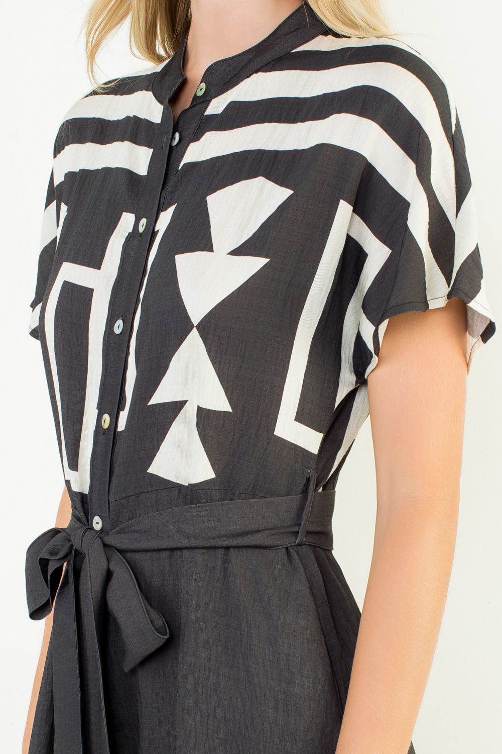 THML SS Print Button Up Dress - Black - Mainstream Boutique