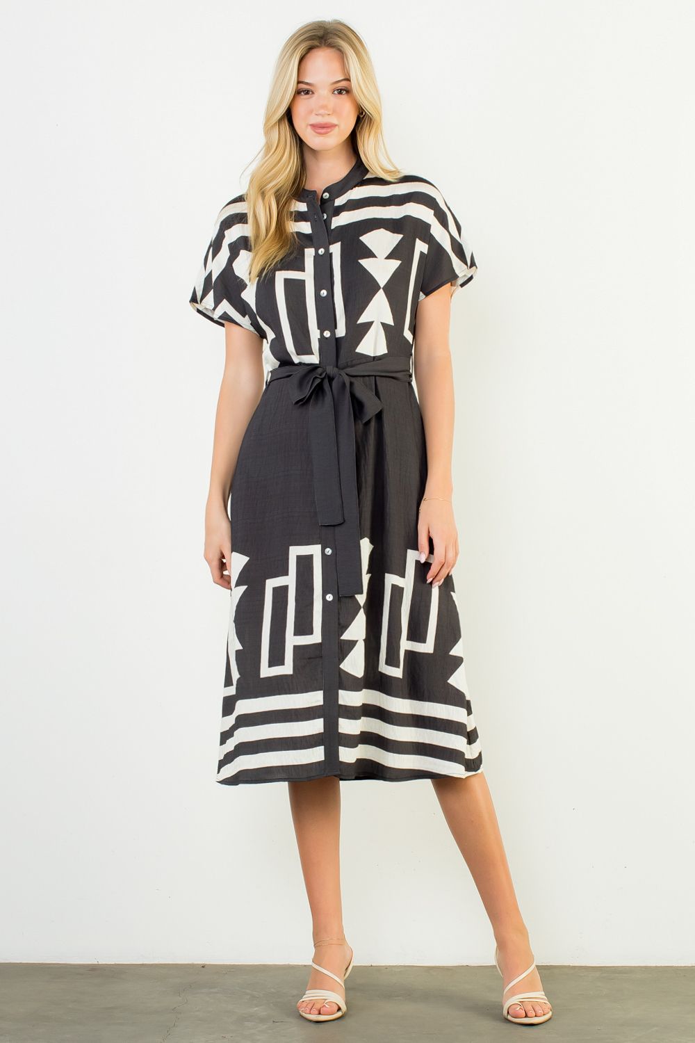THML SS Print Button Up Dress - Black - Mainstream Boutique