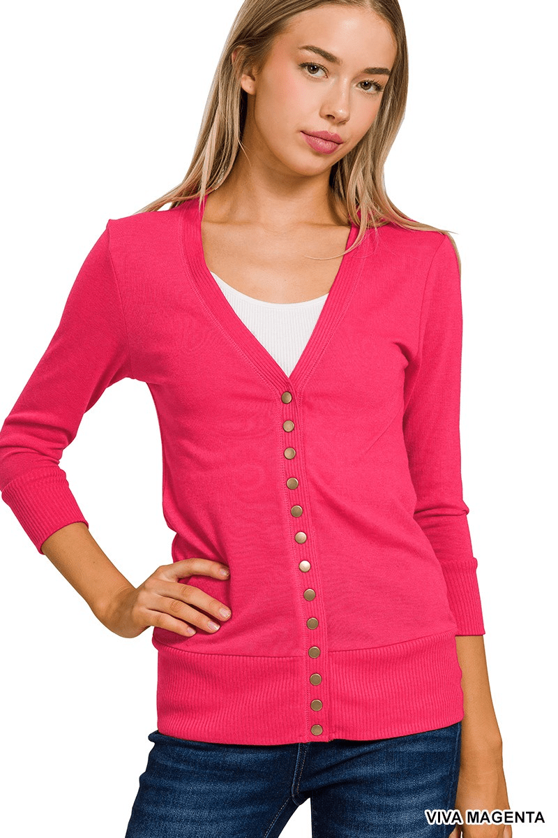 Snap Button Sweater Cardigan 3/4 Sleeve - Mainstream Boutique
